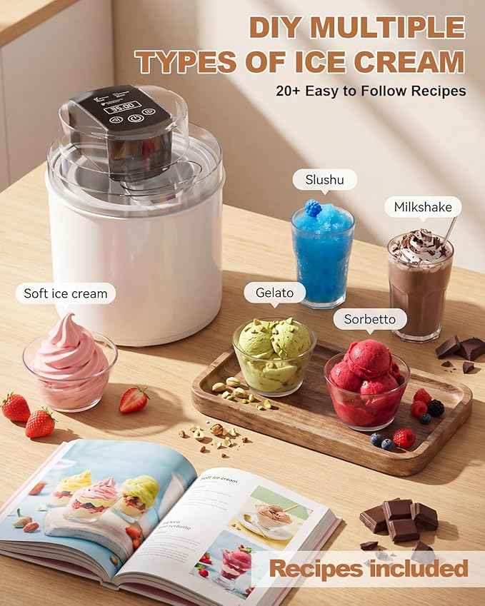 Ice Cream Maker Machine – 2.1 Quart Ice Cream Machine for Gelato, Sorbet & Frozen Yogurt, Ready in 20 Minutes, LCD Screen and Timer, Perfect for 10-16 Servings, Easy to Use & Clean