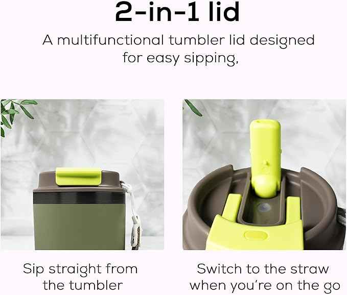 Insulated 16oz Stainless Steel Tumbler Mug Leakproof Double Walled Vacuum Thermal Coffee Cup with 2-in-1 Straw & Lid, Cupholder-Friendly Travel Mug for Hot & Cold Drinks (Olive Green)