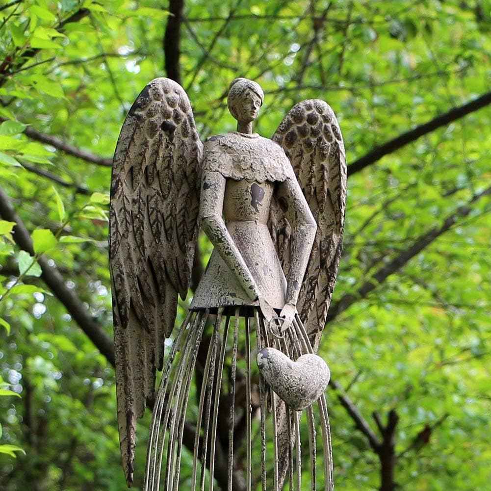 Antiqued Metal Garden Angel Statue with Heart, Indoor Outdoor Angel Yard Art Decor Lawn Patio Decorations Holiday Decor Garden Gift Idea, 32''H (Heart)