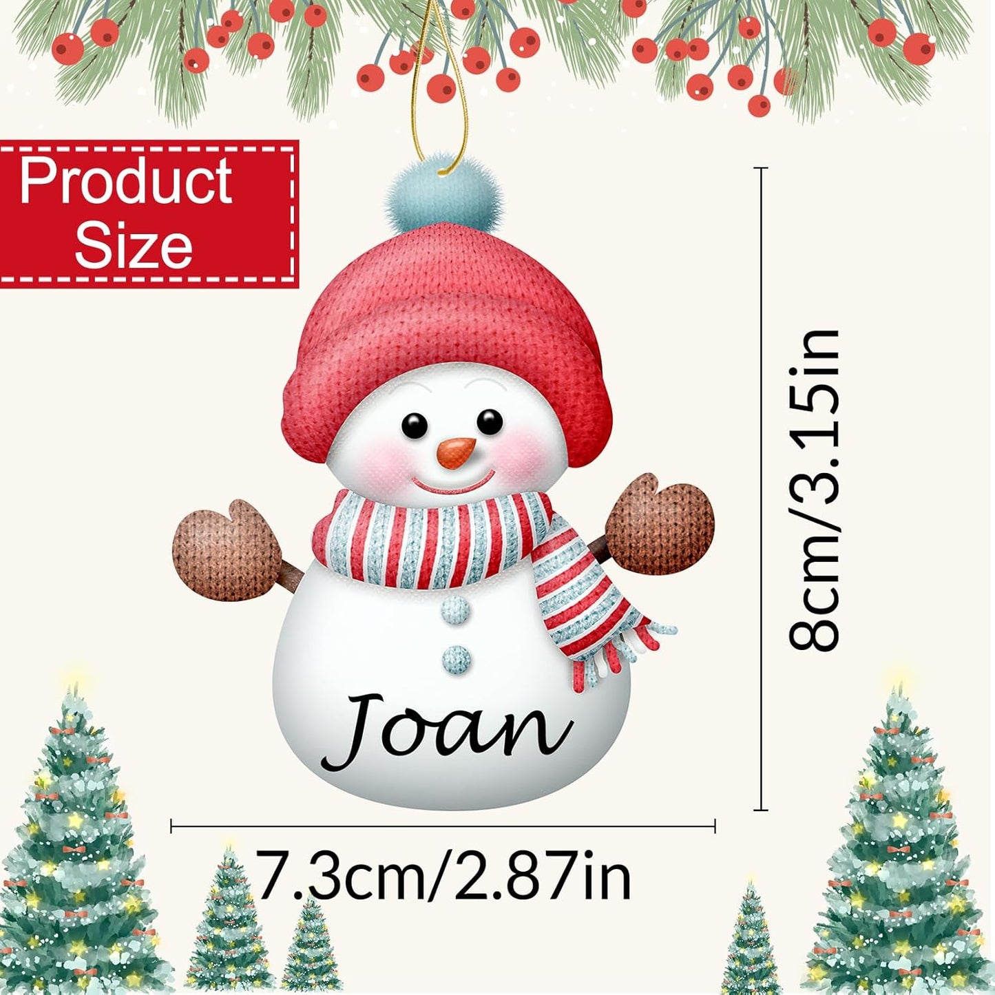 Personalized Christmas Ornaments with Names Snowman Custom Family Ornament Customized Xmas Tree Hanging Wood Decoration Gift 3.15"（8cm） Red