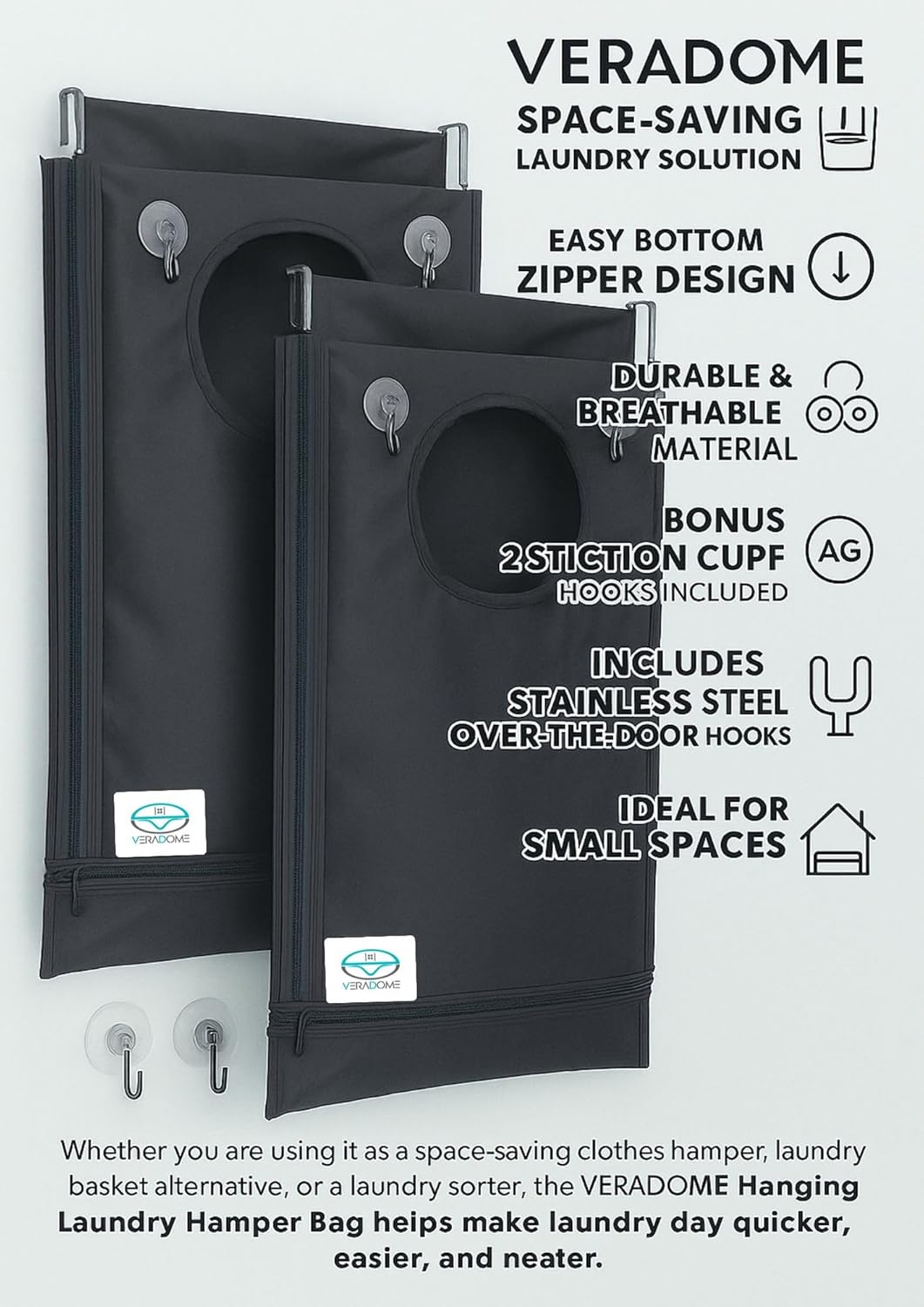 Hanging Laundry Hamper Bag – Space-Saving Dirty Clothes Storage with Free Adjustable Stainless Steel Over-the-Door Hooks & 2 Suction Cup Hooks – Ideal for bathrooms, bedrooms & dorms