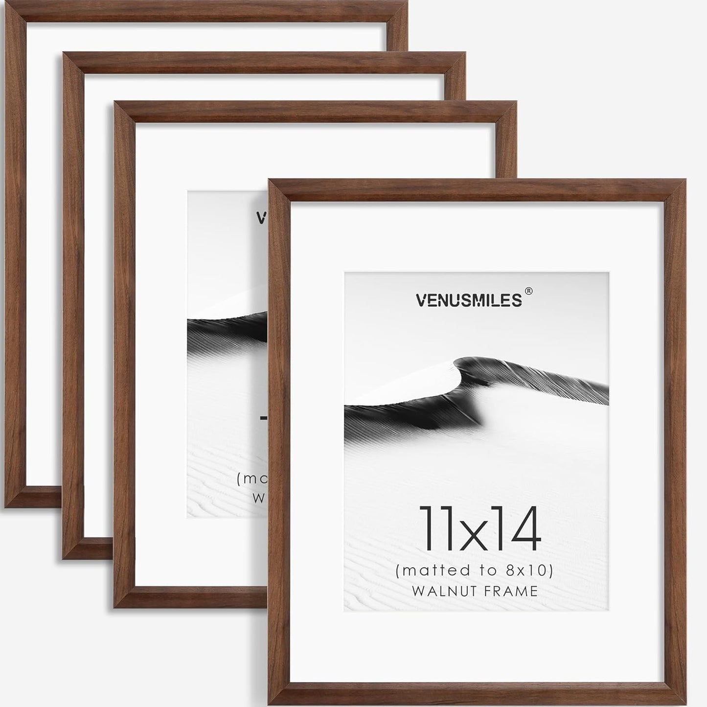 11x14 Picture Frame Set of 4 Natural Solid Walnut Photo Frames with 8x10 Removable Mat Wall Hanging Large Handcrafted Frame with HD Plexiglass Wall and Tabletop Display Large Poster Frame