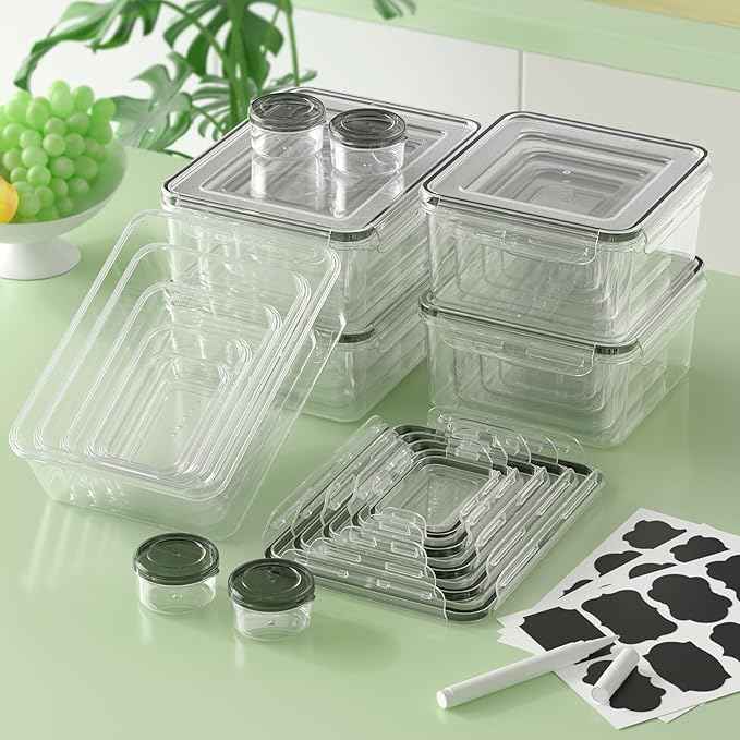 KEMETHY 54-Piece Food Storage Containers with Lids(27 Containers & 27 Lids), Plastic Food Containers for Pantry & Kitchen Storage and Organization, BPA-Free, Leak Proof, Reusable with Labels & Pen
