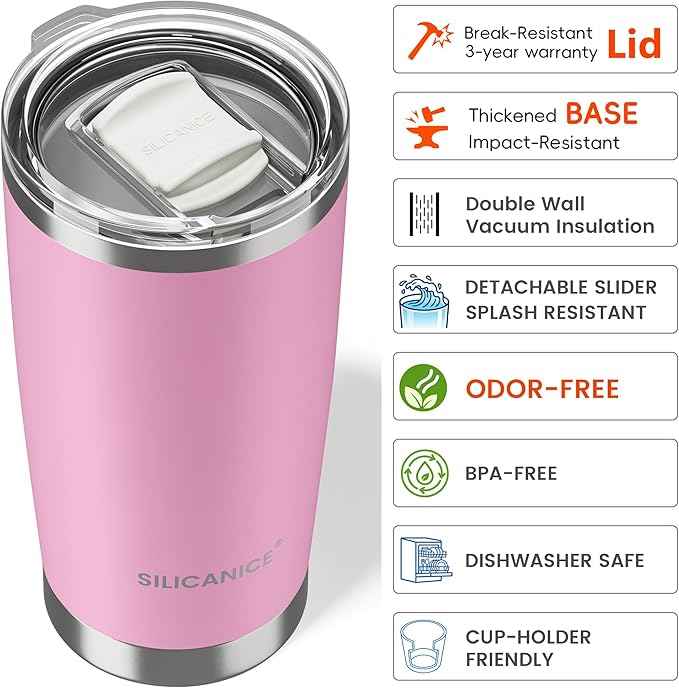 Coffee Tumbler 20 oz, Double Wall Stainless Steel Travel Coffee Mug with Removable Slider Lid, BPA Free, Car Cup Holder Compatible - Gym/Office/Travel/Home - Peony