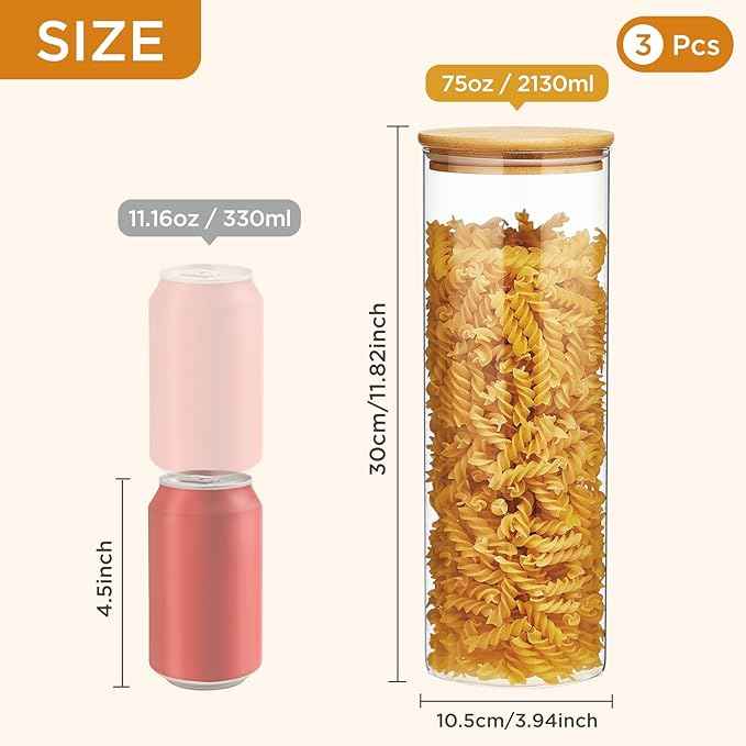Glass Food Storage Jars with Lids 2.34 Qt [Set of 3], Perfect for Pasta, Cookies, Nuts, Coffee, Cereal, Flour, and More, Organize Your Kitchen and Pantry with these BPA-Free Glass Canisters