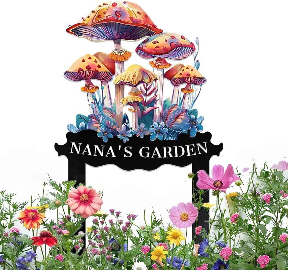 Custom Mushroom Garden Sign with Stake,Personalized Gardener Name Signs Yard Metal Art,Customized Gardening Housewarming Gifts Flowers Outdoor Decor,Butterfly Welcome Plaque for Outside Lawn Patio