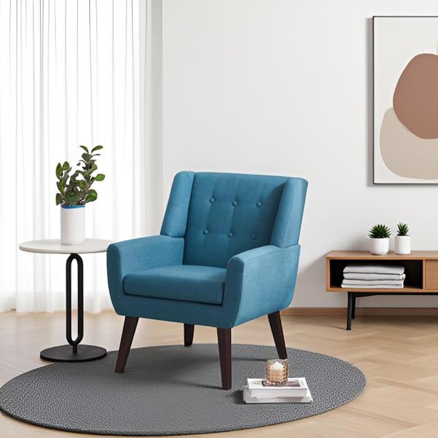HUIMO Button-Tufted Accent Chairs,Upholstered Reading Living Room Chair,Mid Century Modern Chair with Linen Fabric, Club Chair,Comfy Arm Chairs for Living Room,Bedroom Lake Blue