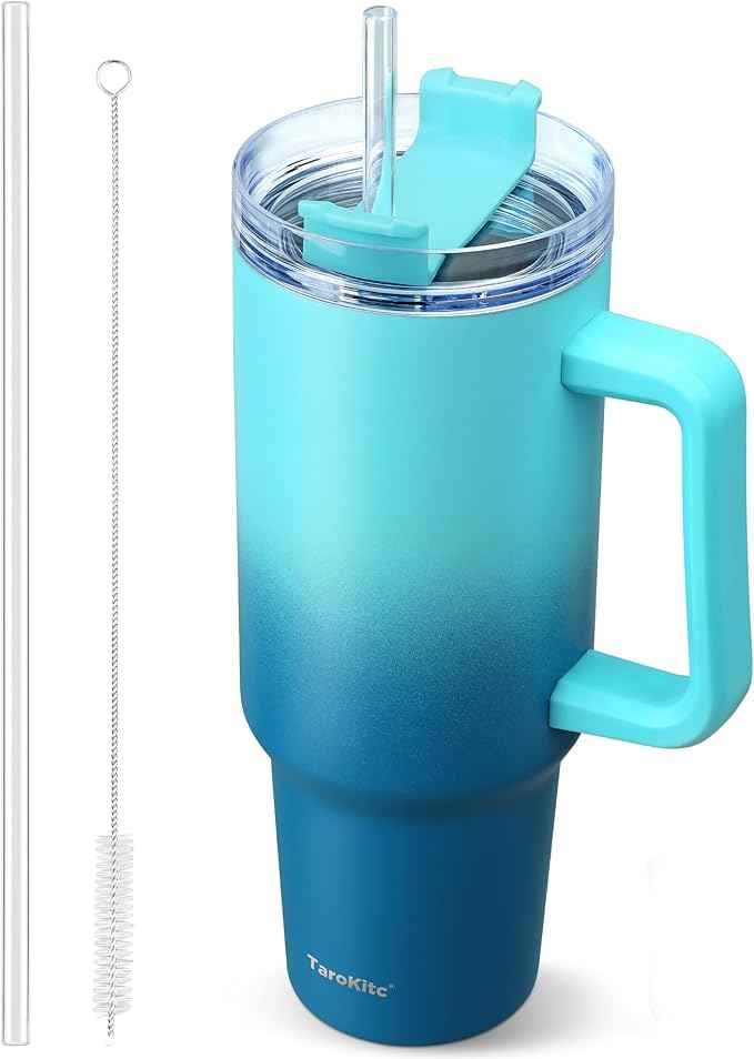 40 oz Tumbler with Handle | Stainless Steel Insulated Travel Mug Iced Coffee Cup with Lids and Straw | Keeps Drinks Cold for 34 Hours | Dishwasher Safe, BPA Free(Light & Deep Blue