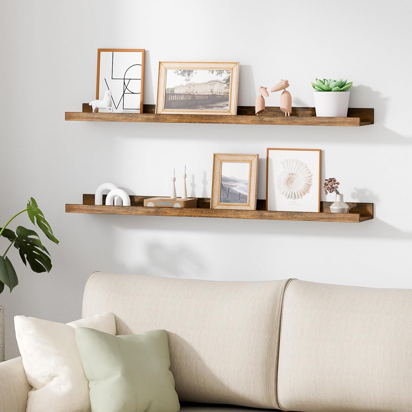 upsimples Floating Shelves for Wall, Wall Shelves for Decor Storage Set of 6, Wall Mounted Wood Shelf for Bedroom, Living Room, Bathroom, Kitchen, 35.5 inch Long Picture Ledge Shelf, Brown