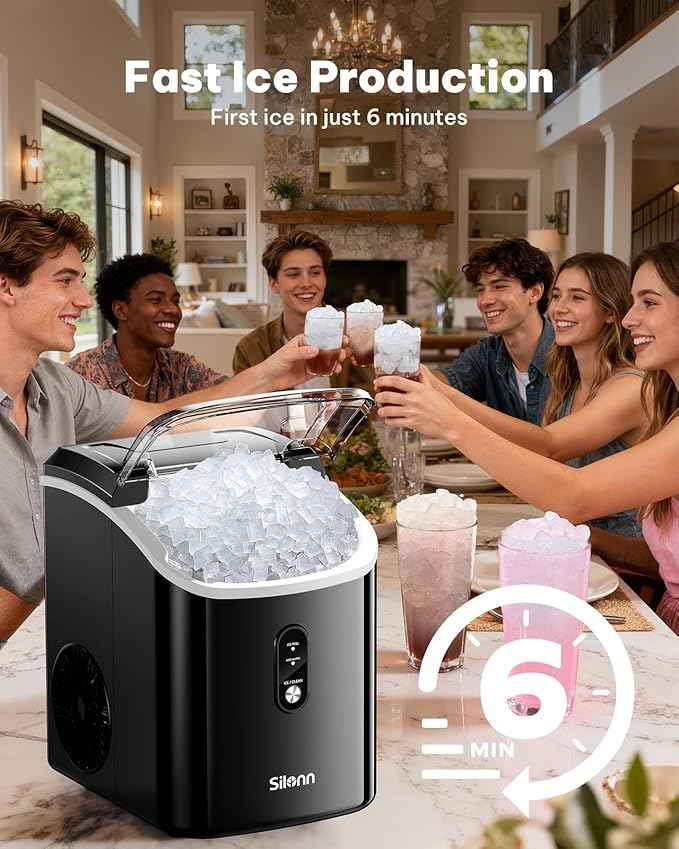 Silonn Nugget Ice Makers Countertop, 38lbs/24H Chewable Pellet Ice Machine with Self Cleaning Function, Portable Pebble Ice Maker with Ice Scoop for Home Kitchen Office, Black