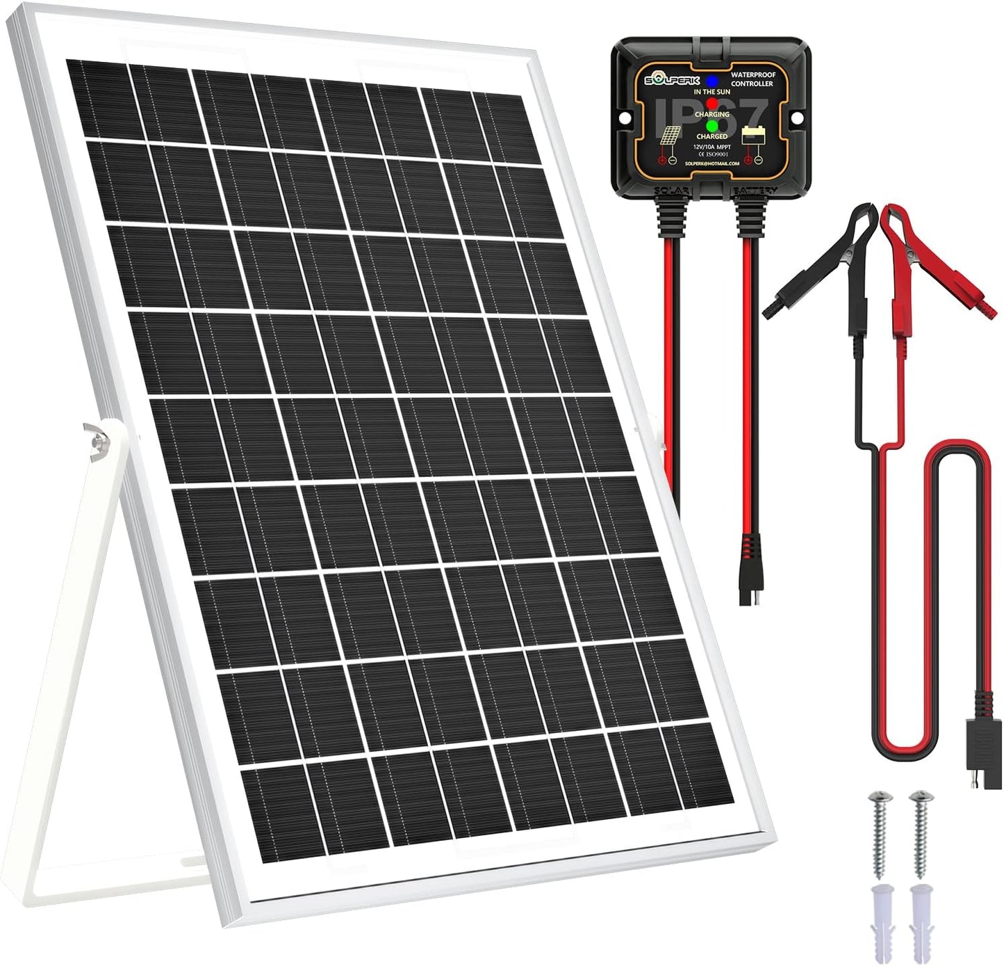 SOLPERK Solar Panel Kit 10W 12V, Waterproof Solar Battery Trickle Charger Maintainer + Smart MPPT Controller + Adjustable Mount Bracket for Boat Car RV Motorcycle Marine Automotive