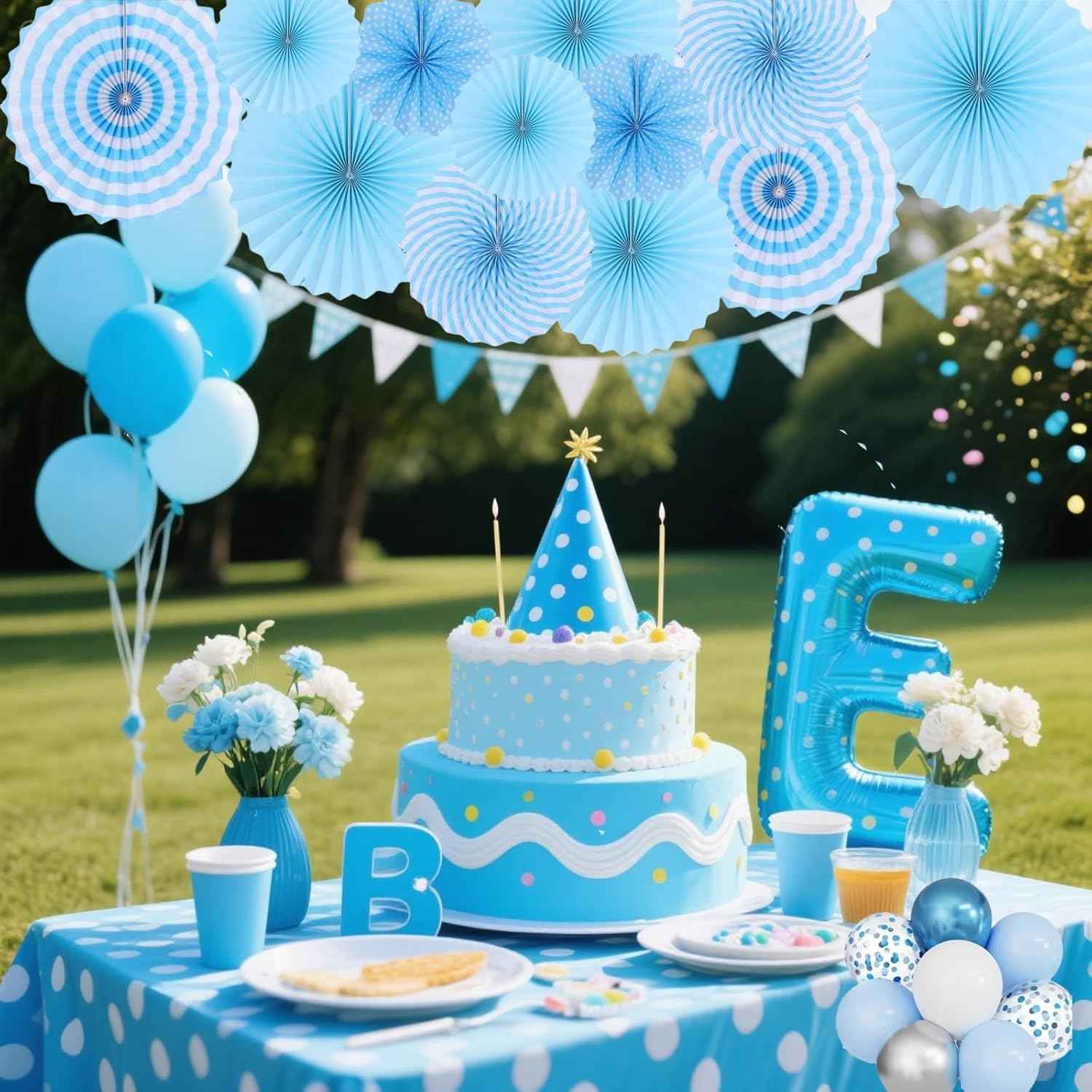 12PCS Light Blue Party Decorations, Hanging Paper Fans Party Set Round Pattern Paper Garlands Decoration for Baby Boy Shower Boy Birthday Graduation Bachelorette