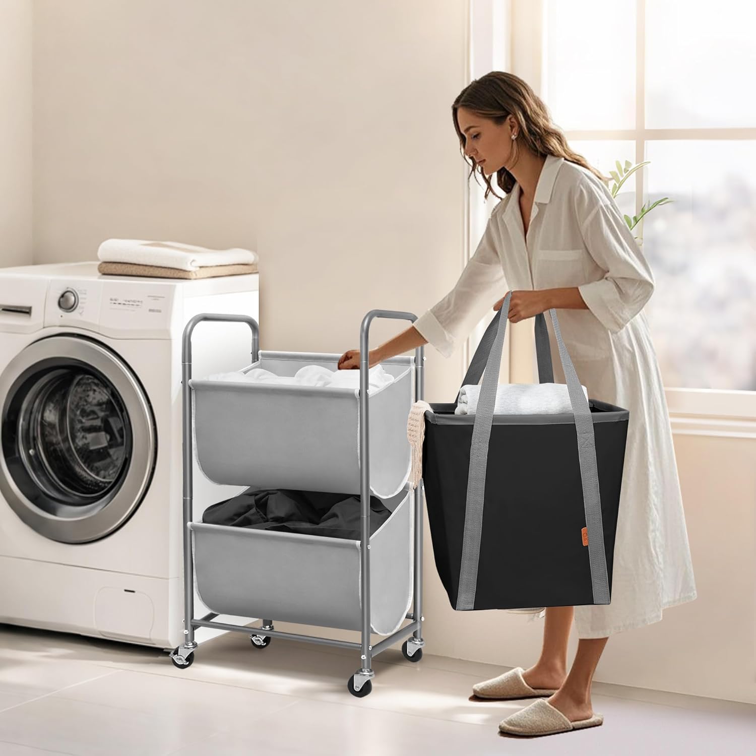 STORAGE MANIAC 80 Liters Vertical Rolling Laundry Hamper, 2 Section Laundry Sorter with Wheels and 2 Breaks, 2-tier Laundry Baskets for Small Space, Dorm, Laundry Room, Closet, Bathroom, Gray 2-tier - Lumora Casa