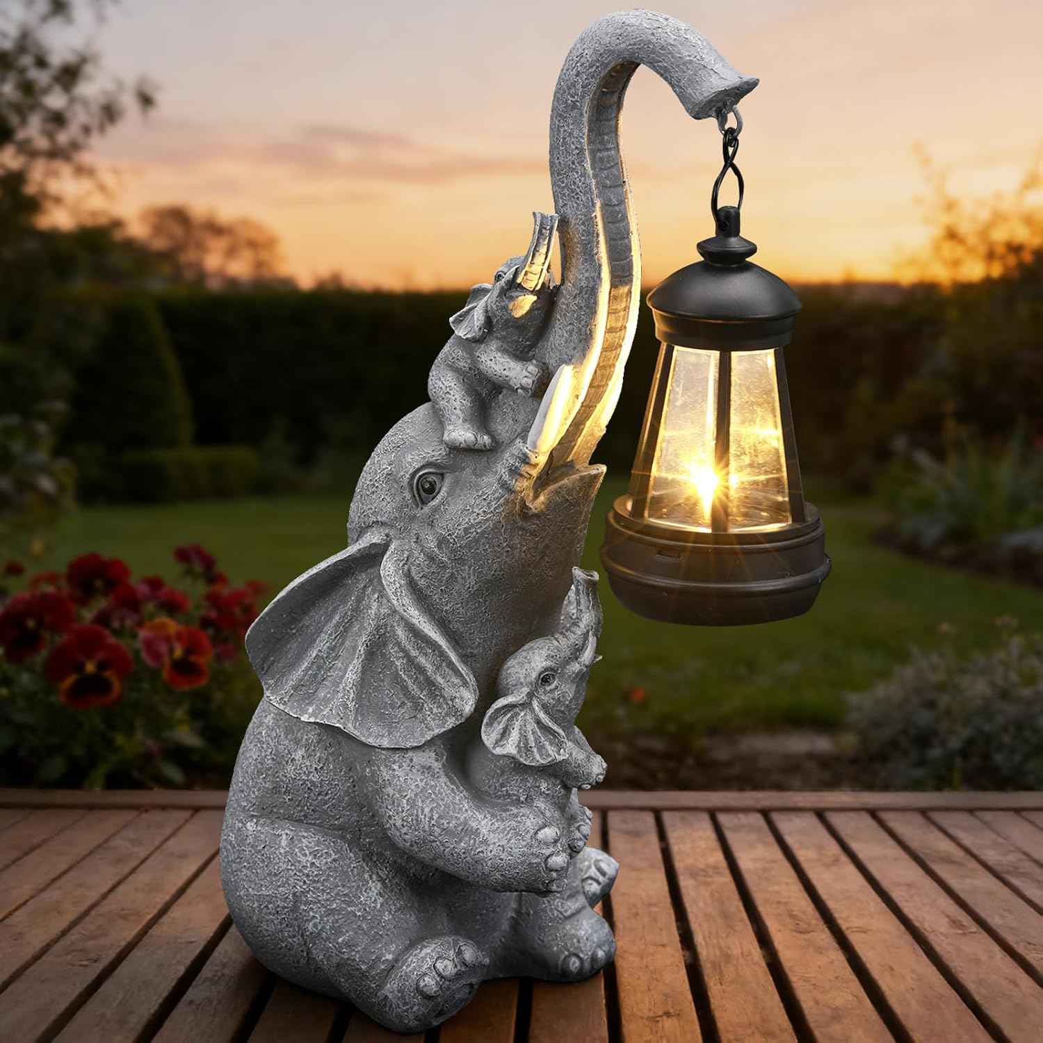 Solar Outdoor Garden Decor, Elephant Statue with Lantern for Patio, Yard Ornament and Lawn Decoration, Birthday Housewarming Gift for Mom, Wife, Grandma