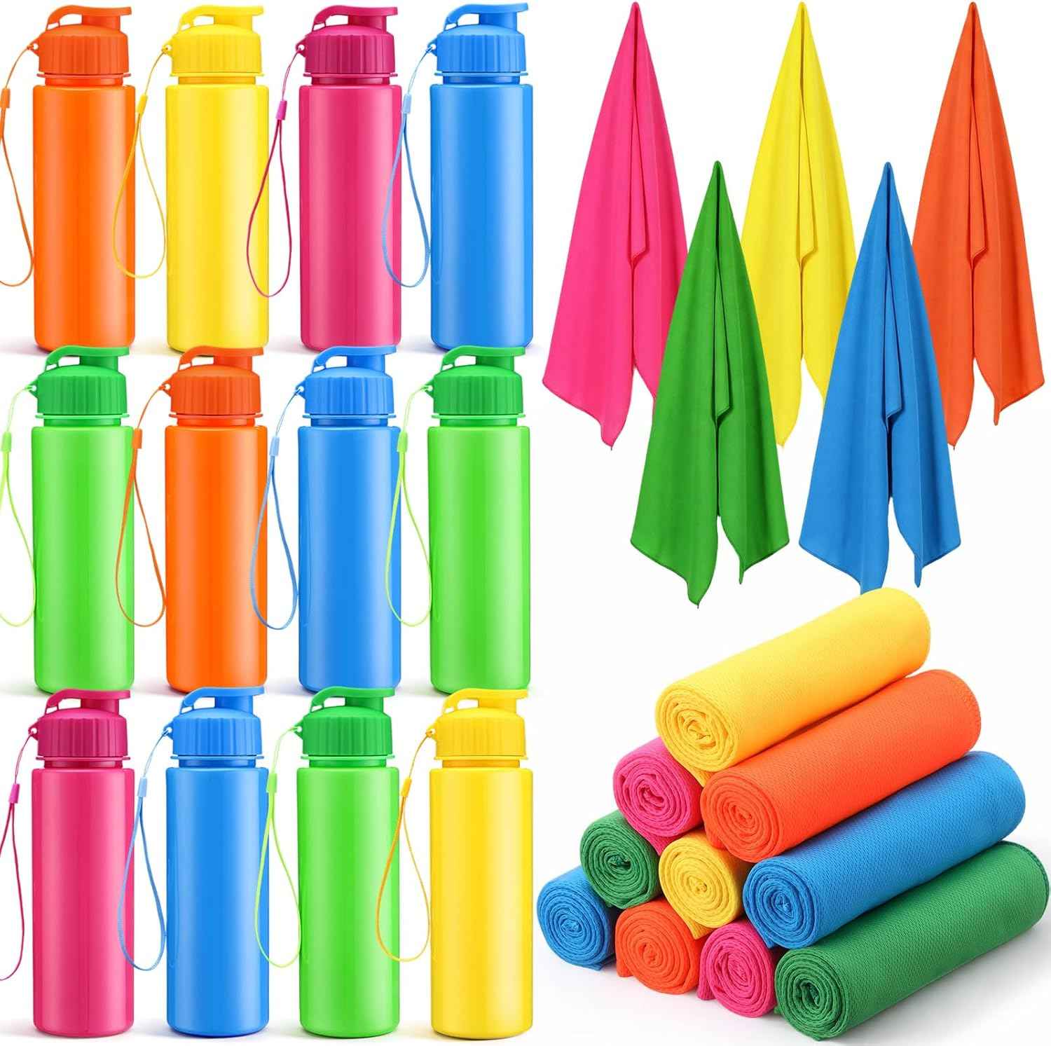 Reallnaive 24 Pcs 17 oz Plastic Water Bottles Bulk and Cooling Towel Set Reusable Gym Sport Colorful Water Bottles 40"x12" Breathable Ice Cooling Towels for Team Sport Travel Summer Gift