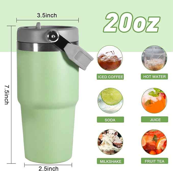 20 oz Tumbler with Handle, Insulated Tumbler with Lid and Flip Straw Leak Proof Double Wall Stainless Steel Vacuum Travel Coffee Mug Insulated Water Bottle Thermal Cup, Cupholder Friendly, Green