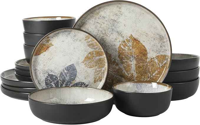 Gibson Elite Chantilly Hill 16-Piece Porcelain Dinnerware Set, Round Plates & Bowls, Multicolor Leaf Design, Microwave & Dishwasher Safe, Service for 4