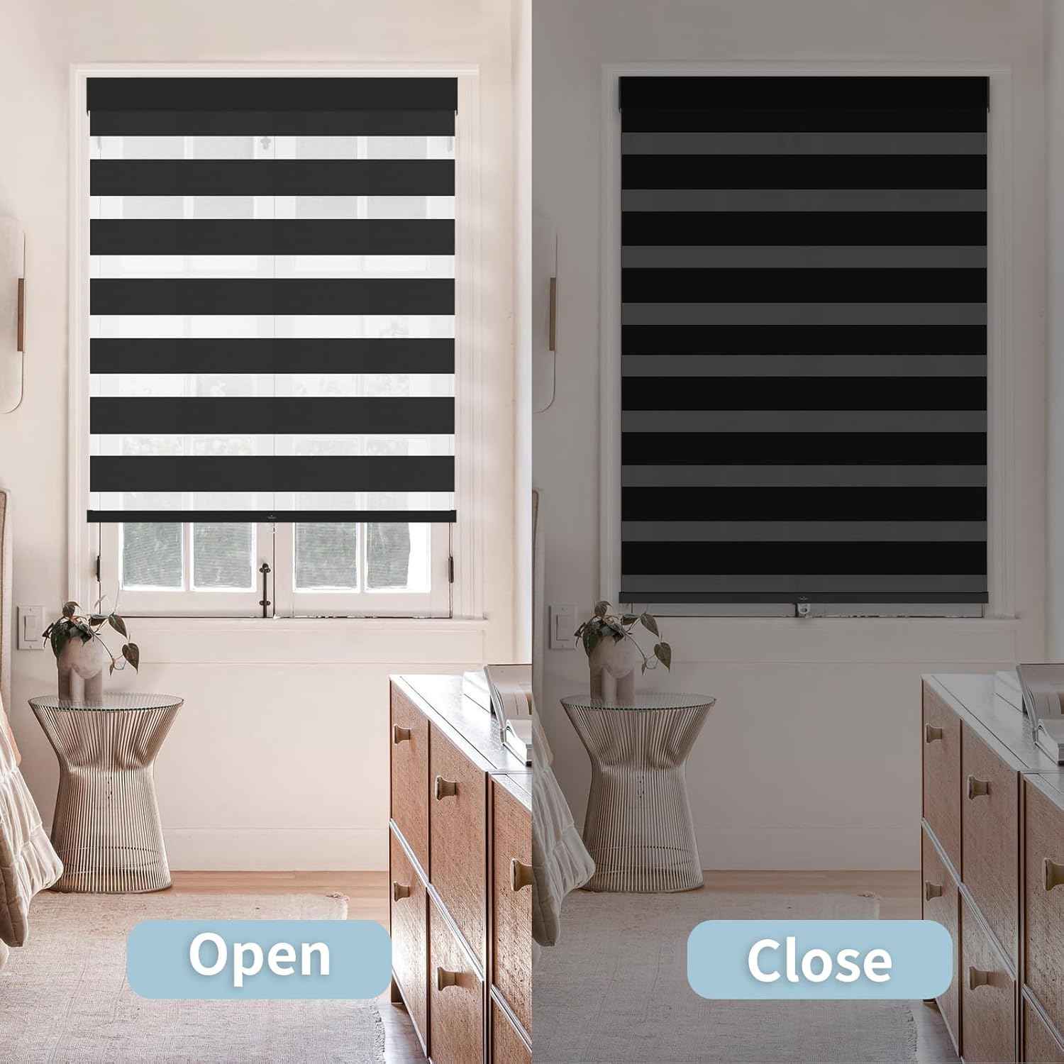 Cordless Zebra Blinds for Windows (22" W X 72" H, Black) Free-Stop Zebra Roller Shades Dual Layer Light Filtering Privacy for Day and Night, Light Control for Home, Bedroom, Office