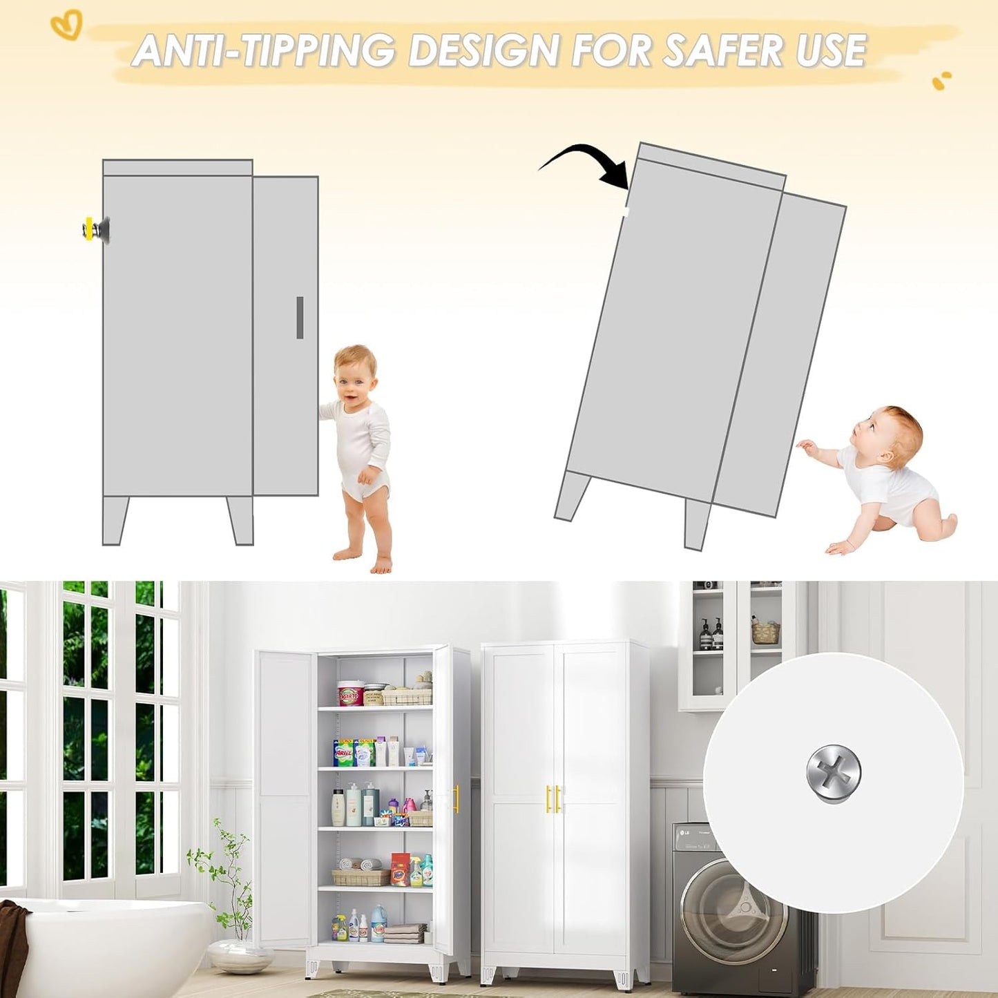 71" Tall Metal Storage Cabinet with 2 Doors and 4 Adjustable Shelves, Kitchen Pantry Cabinet White Freestanding Cupboard, 5 Tier Multifunctional Steel Storage for Office, Kitchen, Dining Room