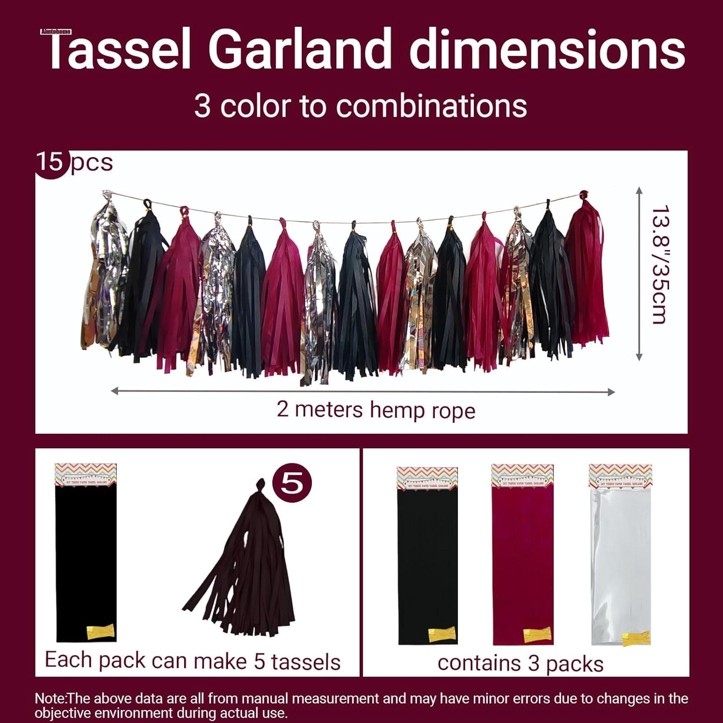 Tassel Garland Tissue Paper Tassel Banner,Tassels Party Decorations for Wedding,Birthday,Bridal/Baby Shower,Pack of 15 (Burgundy/Black/Silver)