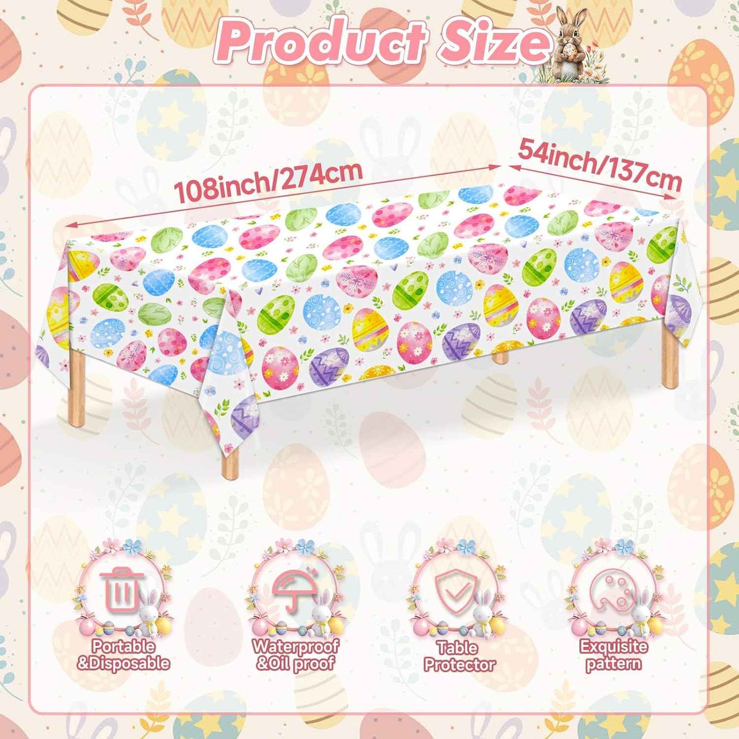 3 Pcs Easter Tablecloth - Colorful Eggs Plastic Table Cloth, 54 x 108 Inch Disposable Spring Easter Egg Rectangle Table Cover for Indoor or Outdoor Tables Decorations Spring Easters Party Supplies