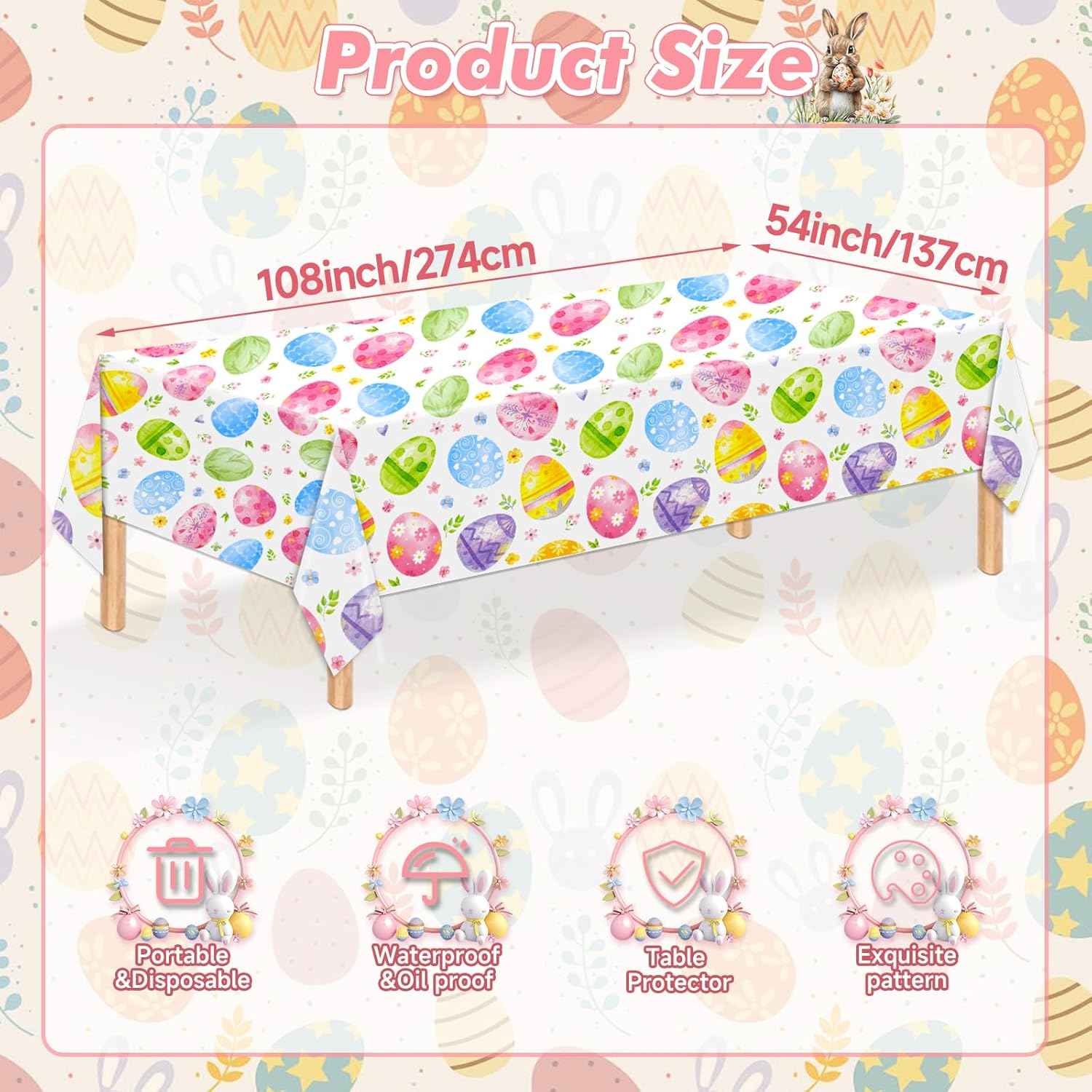 3 Pcs Easter Tablecloth - Colorful Eggs Plastic Table Cloth, 54 x 108 Inch Disposable Spring Easter Egg Rectangle Table Cover for Indoor or Outdoor Tables Decorations Spring Easters Party Supplies