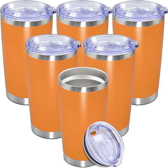 20 oz Tumbler with lid Double Wall Vacuum Insulated Tumblers Stainless Steel Coffee Mug Travel Coffee Tumbler Powder Coated Tumbler Cup Keep Hot&Cold - (Orange 6 Pack)