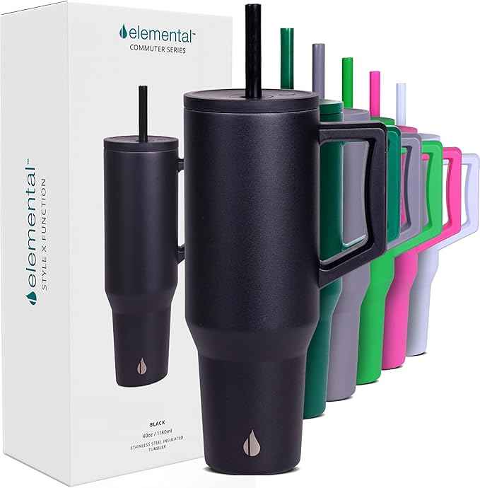 Elemental 40 oz Tumbler with Handle and Straw - Spill Proof Insulated Stainless Steel Commuter for Cold Beverages - Travel Coffee Mug with 2 Straws & Spill Proof Lid - 40oz - Black