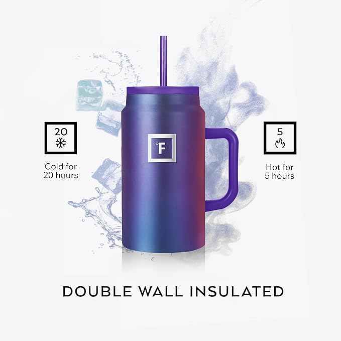 IRON °FLASK Co-Pilot Insulated Mug w/Straw & Flip Cap Lids - Cup Holder Bottle for Hot, Cold Drink - Leak-Proof - Water, Coffee Portable Travel Mug - Black, 50 Oz