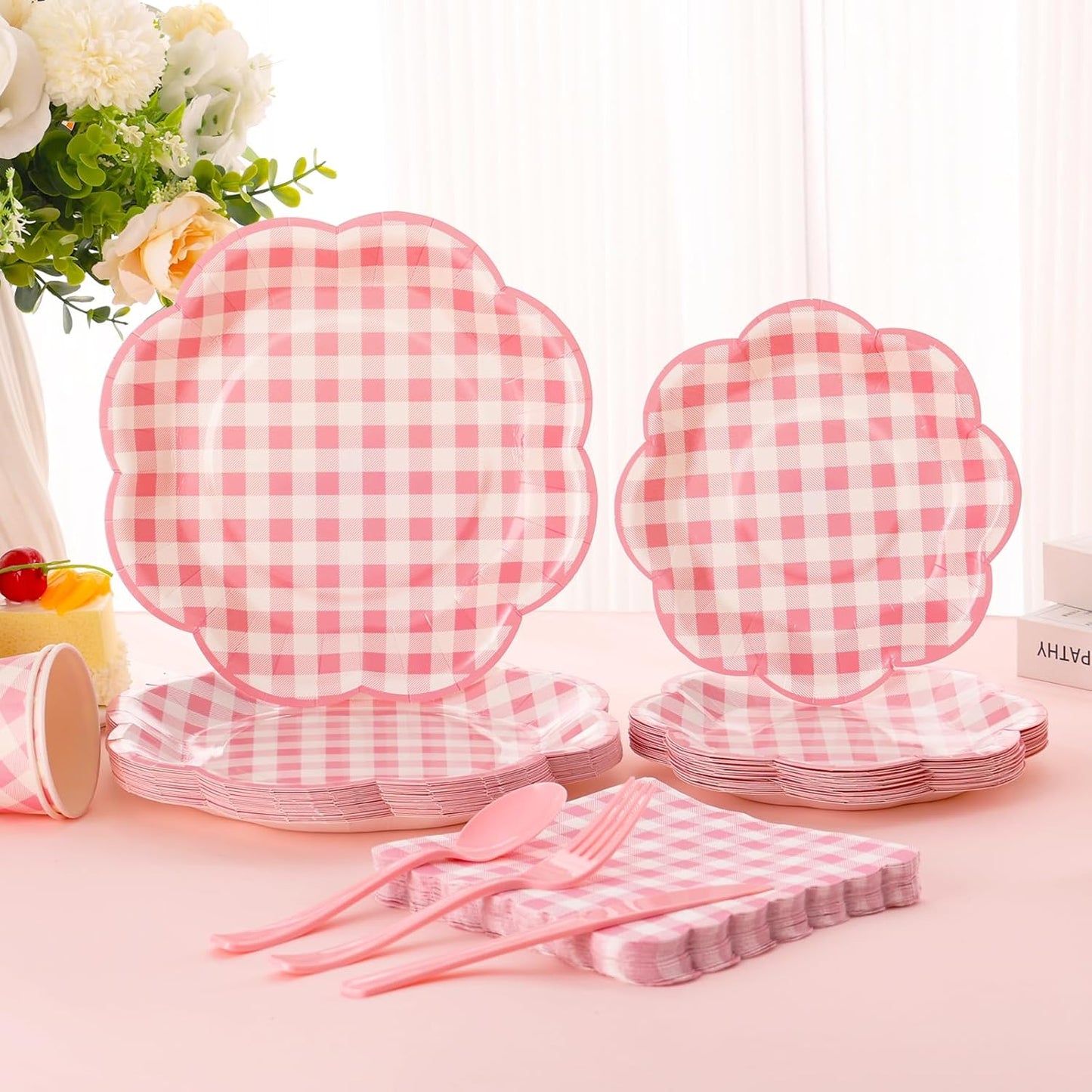 350 Pcs Pink Gingham Plates and Napkins Party Supplies - Pink and White Checkered Plates Sets Serve 50 Guests - Scalloped Gingham Paper Plate for Birthday Wedding Picnic Party Decorations