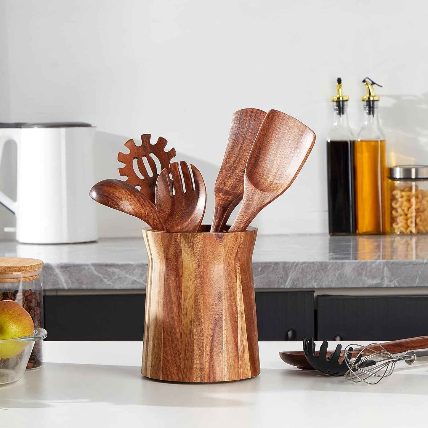 Wooden Utensil Holder for Countertop, 360° Rotating Kitchen Utensil Holder, 7.2"x 6" Large Acacia Wood Crock, Farmhouse Kitchen Decor