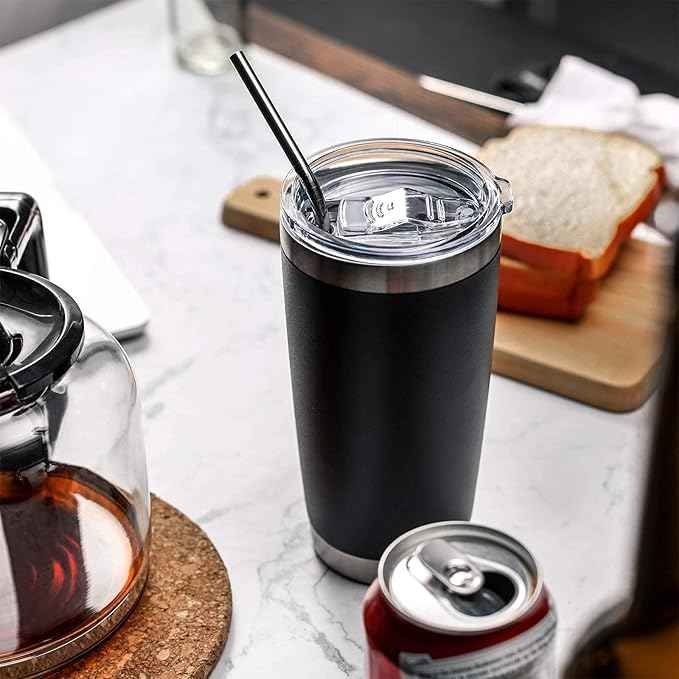 COMOOO 20oz Black Tumbler 4 Pack Stainless Steel Insulated Travel Mug with Lid and Straw Vacuum Double Wall Coffee Cup for Hot Beverage and Cold Drinks(Black, 4 Pack)