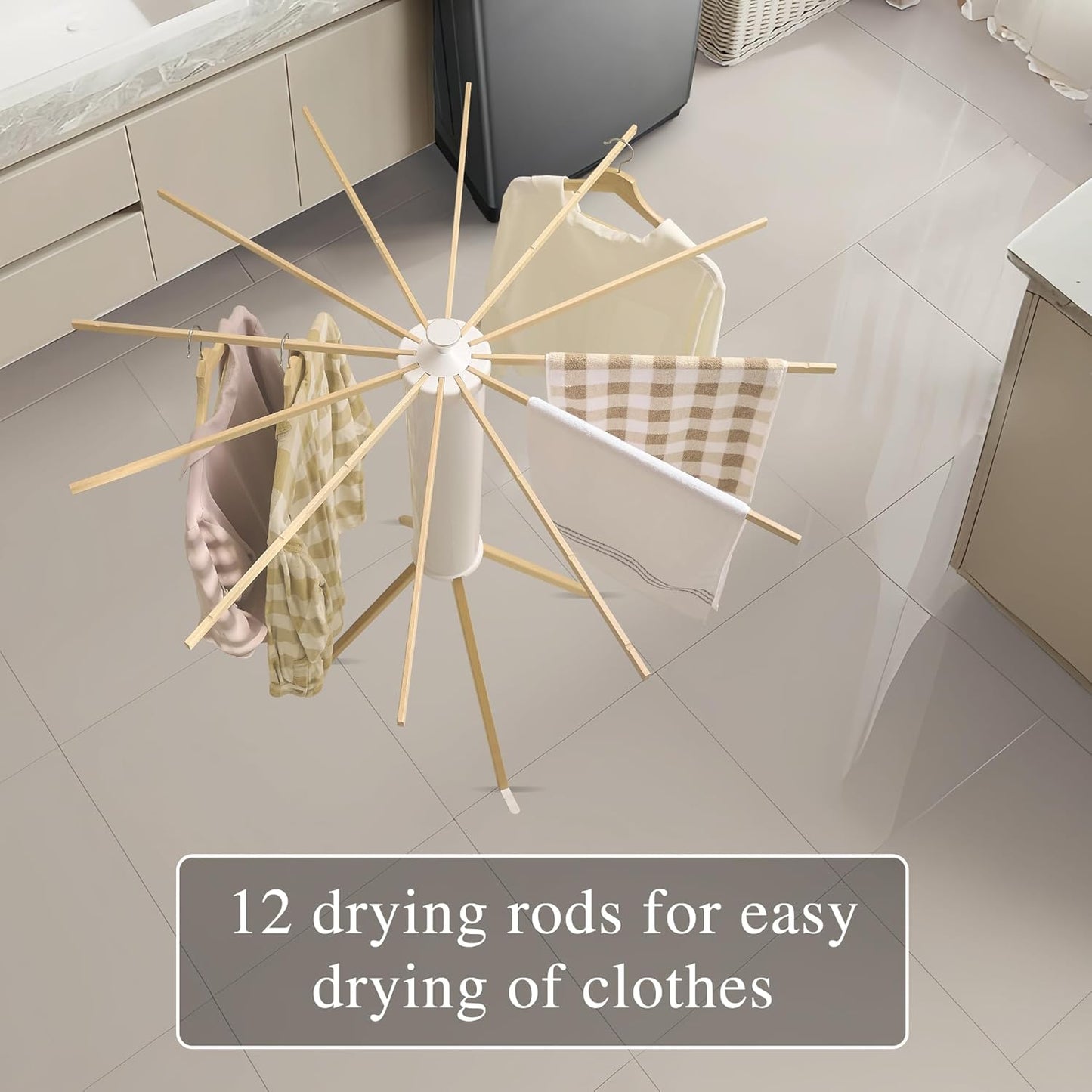 LEQ Drying Rack Portable,Foldable Drying Rack Clothing with 12 Wood Drying Arms, Standing Laundry Hanger Rack Round Collapsible & Portable Handle for Laundry Room, Balcony, Bedroom, RV