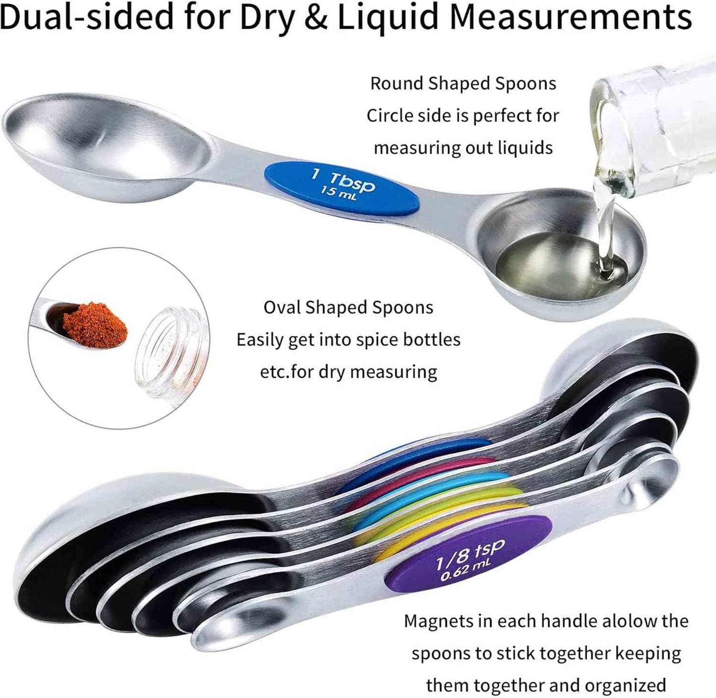 Magnetic Measuring Spoons Set and Measuring Cups Heavy Duty Stainless Steel Fits in Spice Jars for Baking & Cooking (14)