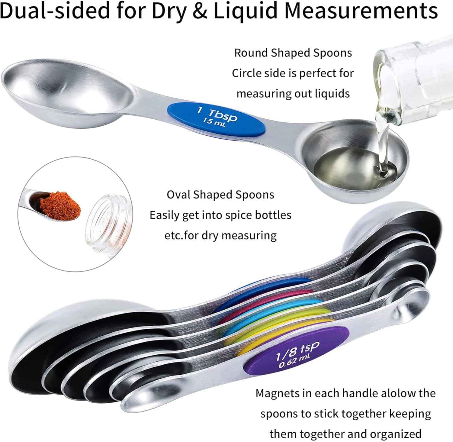 Magnetic Measuring Spoons Set and Measuring Cups Heavy Duty Stainless Steel Fits in Spice Jars for Baking & Cooking (14)