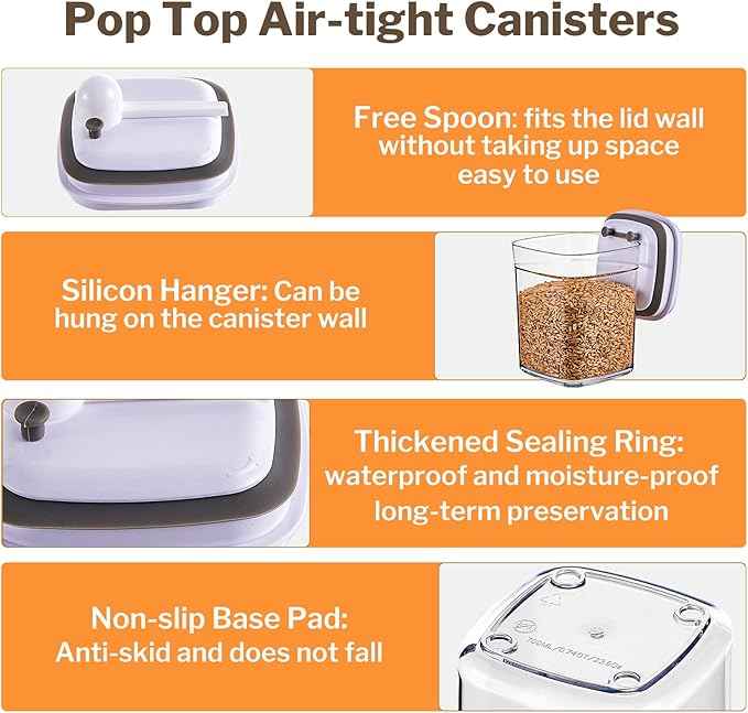 Pop Top Food Storage Container Set | 8Pcs Airtight Cereal Storage Organizer Canisters with Pop Lids, BPA-Free, Vacuum Seal & One-button Opening, Stackable Pantry Containers for Dry Food Storage