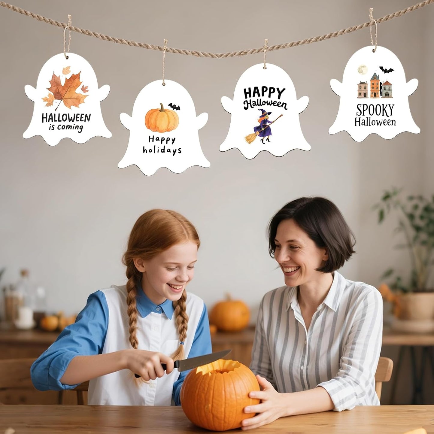 Large Size 7'' Wooden Halloween Ornaments to Paint 30 Pcs DIY Blank Unfinished Ghost Wooden Cutouts with Twines for Halloween Thanksgiving Day Fall Party