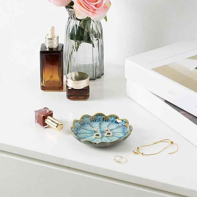 Jewelry Dish Tray, Ring Dish, Ceramic Trinket Tray, Key Bowl, Decorative Plate, for Friends Sisters Daughter Mother (Retro Blue)