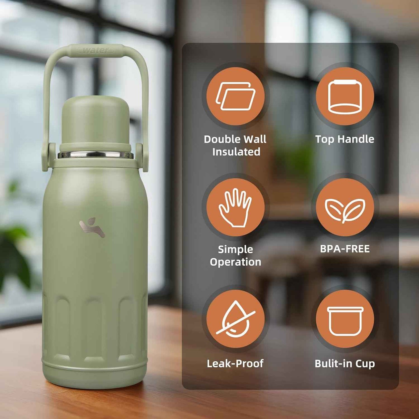 Insulated Water Bottle with Handle and Strap,Vacuum Travel Tumbler with Cup Lid,Thermo Coffee Cup for Hot Cold Drinks 40 OZ,Army Green