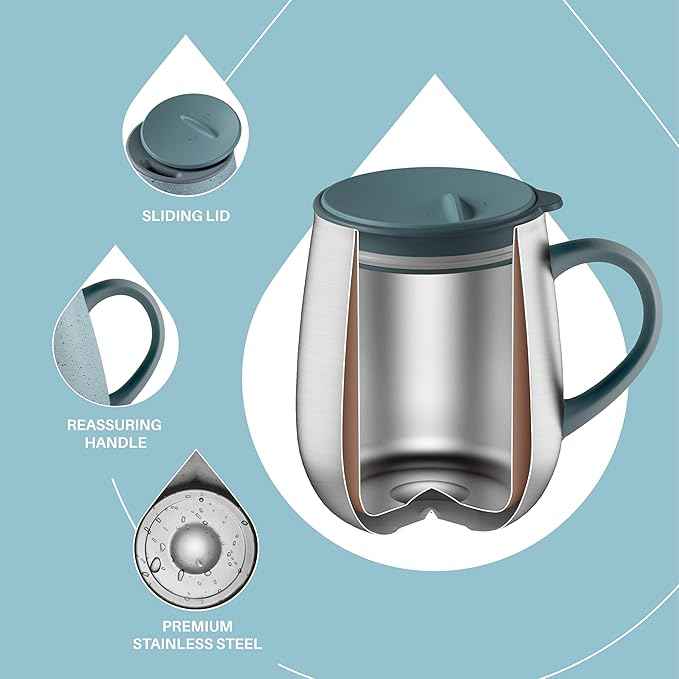 Ideus 16 oz Insulated Coffee Mug with Handle and Lid, Double Wall Stainless Steel Vacuum Thermal Coffee Mug, Travel Coffee Cup Thermal Cup for Home and Office, Eggshell Blue