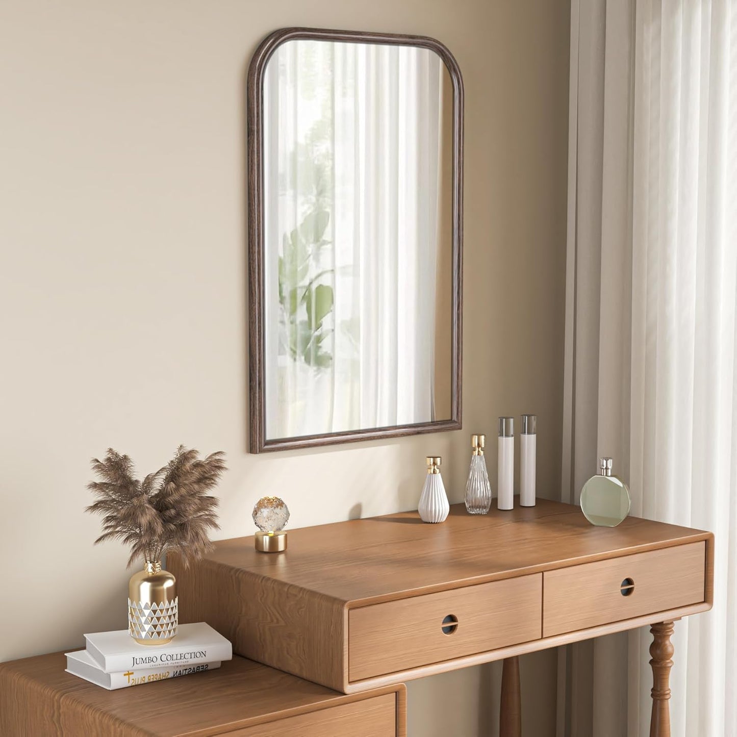 24"x36" Arch Wall Mirror for Wall, Wall Mounted Vanity Mirror for Bedroom, Wood Grain Finish Frame Mirror with Tempered Glass, Vintage Decorative for Bathroom, Entryway, Living Room, Walnut