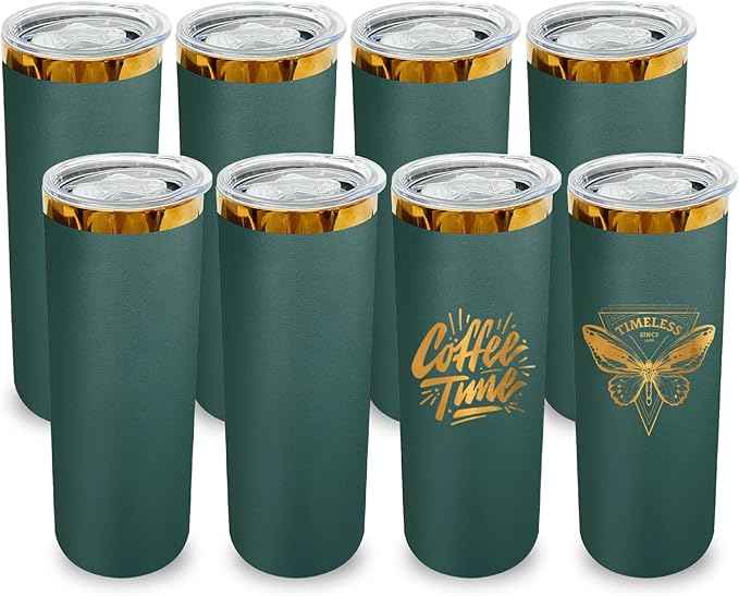 20 oz Skinny Tumblers Stainless Steel Tumbler with Lid and Straw Double Wall Vacuum Insulated Coffee Mug 20oz Powder Coated Cup for Hot and Cold Drinks(Green,8 pack)