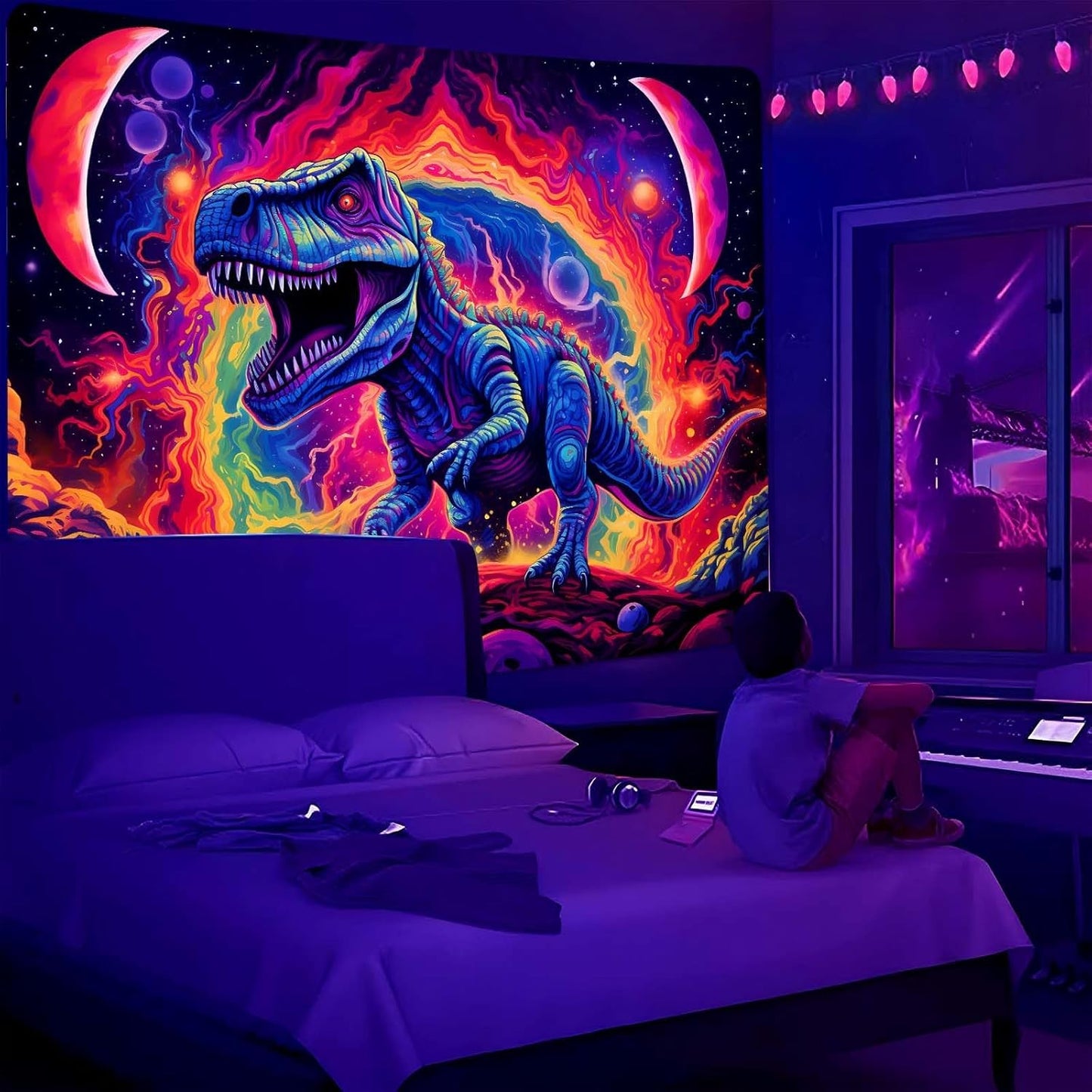 QGHOT Dinosaur Tapestry Blacklight, Black Light Dinosaur Posters for Boys Room Uv Cool Dino Kids Tapestry for Teen Bedroom Home Decor 90x70in