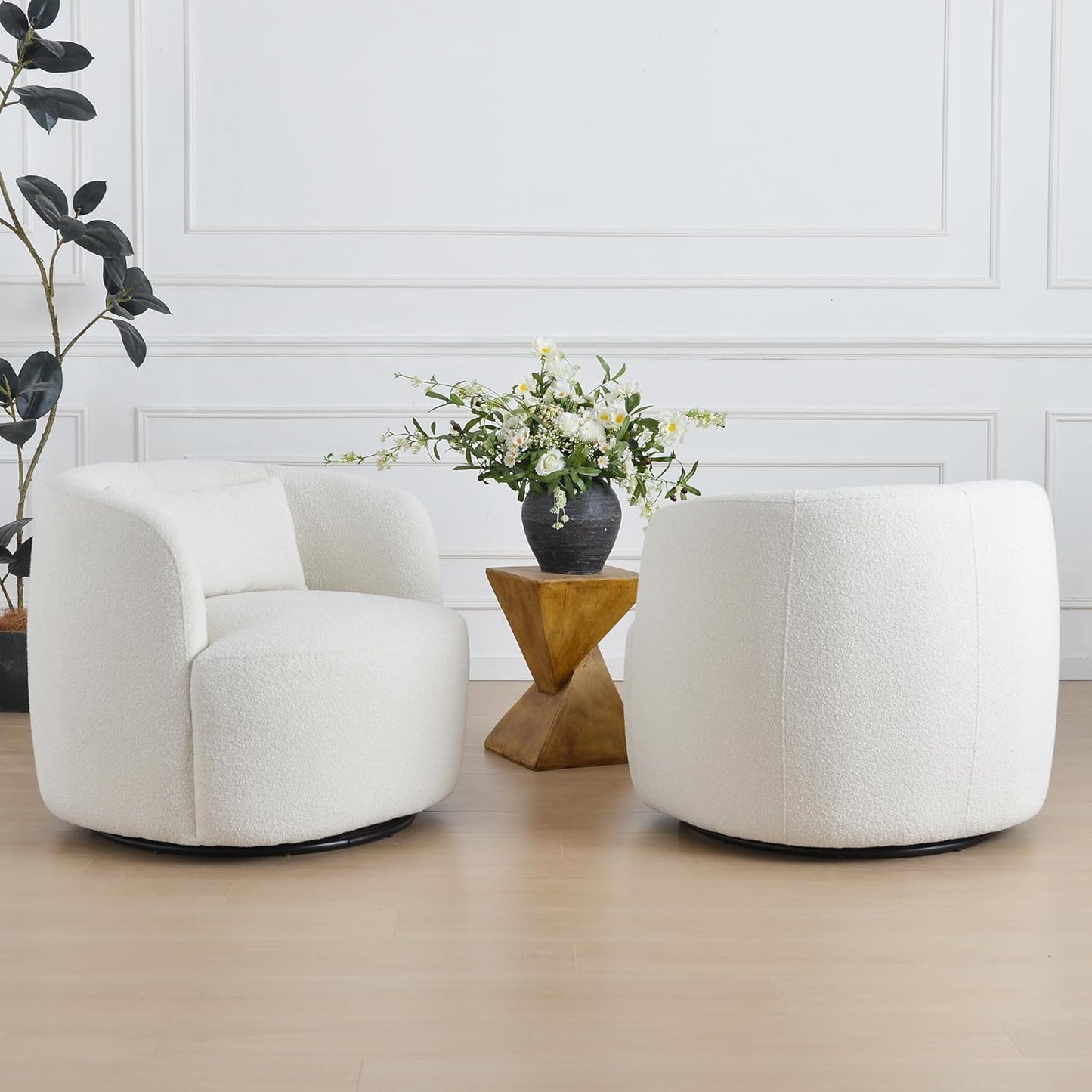 KINWELL 34" Wide Sherpa Swivel Barrel Chairs Set of 2, No Assembly Round Boucle Upholstered Accent Chairs Armchairs Single Sofa Chair with Toss Pillow for Living Room and Bedroom, Beige