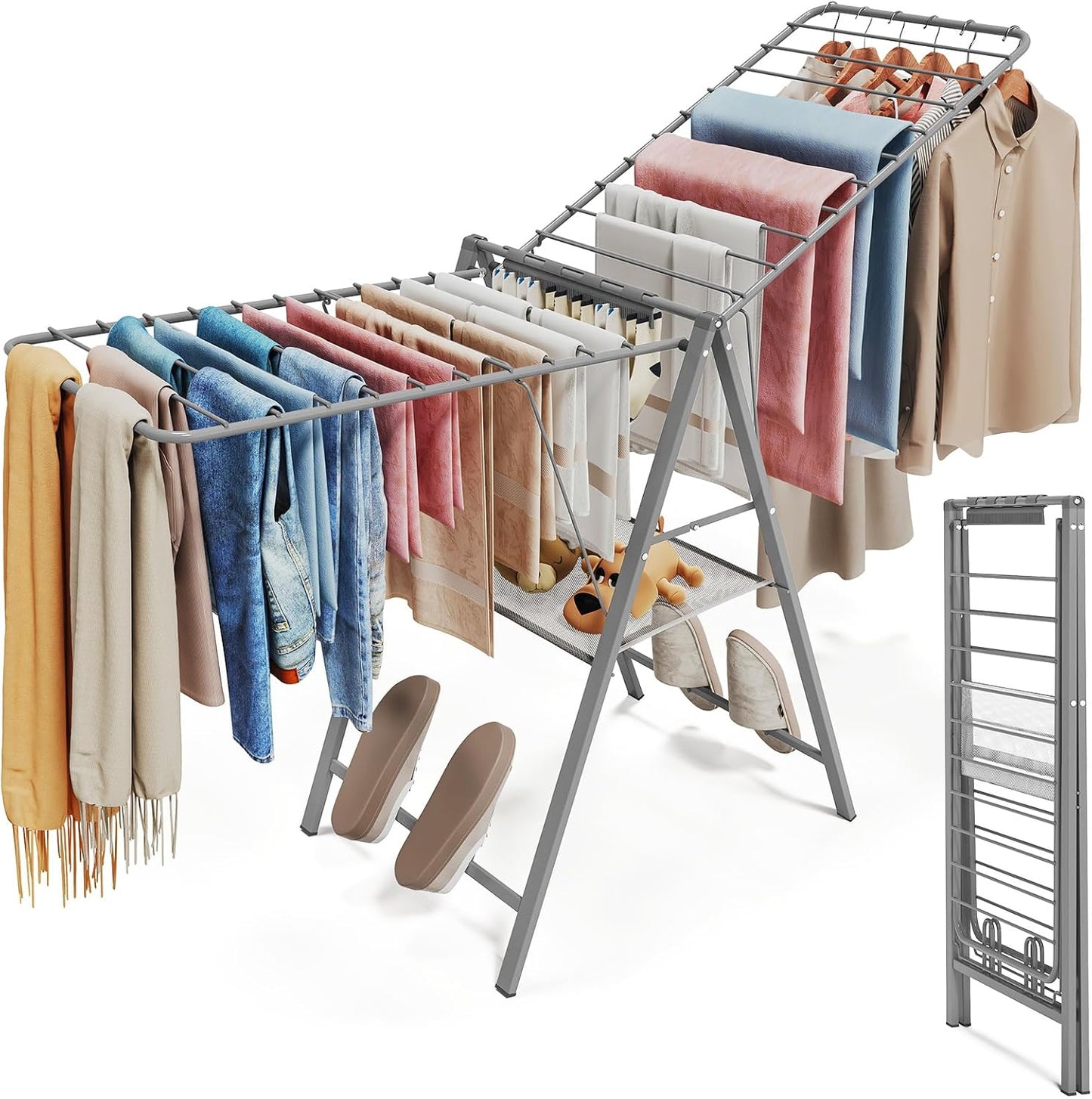 APEXCHASER Clothes Drying Rack Foldable, Metal Laundry Drying Rack Collapsible, Portable Compact Clothes Rack for Sweater Baby Clothes Towel Indoor & Outdoor, Height Adjustable Clothes Airer, Grey