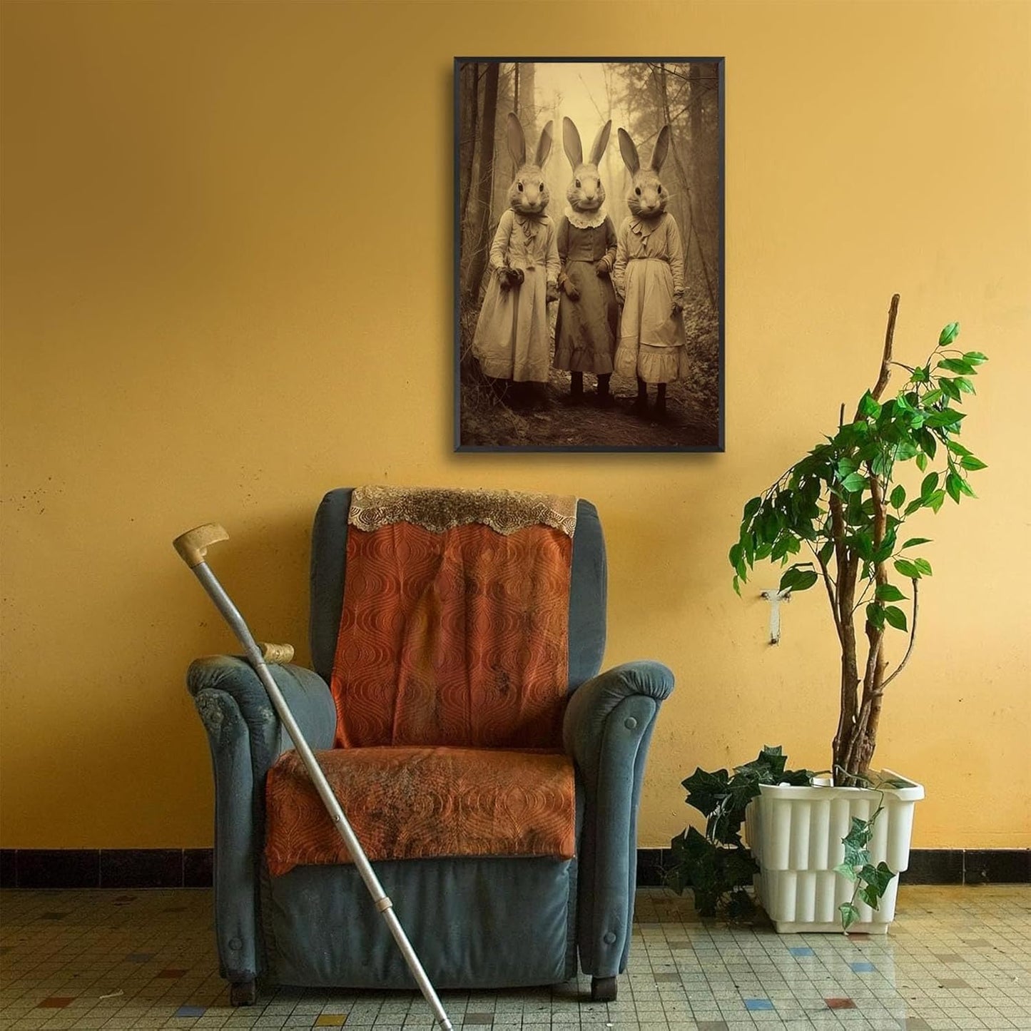 Vintage Horror Spooky Three Rabbits In Occult Forest Spooky Canvas Wall Art Poster Gothic Dark Academia Decorations Room Creepy Print Retro Halloween Wall Decor 12X16inch Aluminum Framed