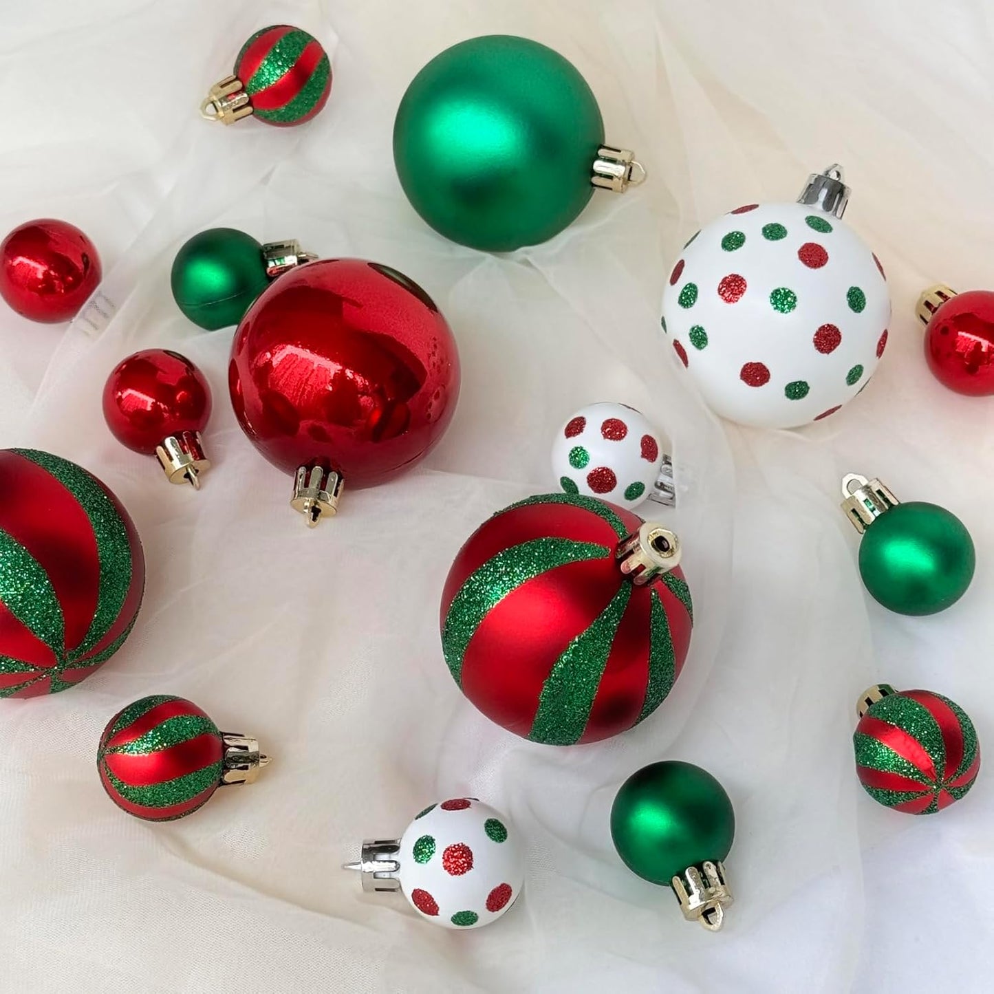 Emopeak 24Pcs Christmas Balls Ornaments - 2.5 Inch Glittering Red Green White Christmas Ball Ornaments Shatterproof Xmas Tree Hanging Ball, Hanging Bulbs for Home Holiday Party