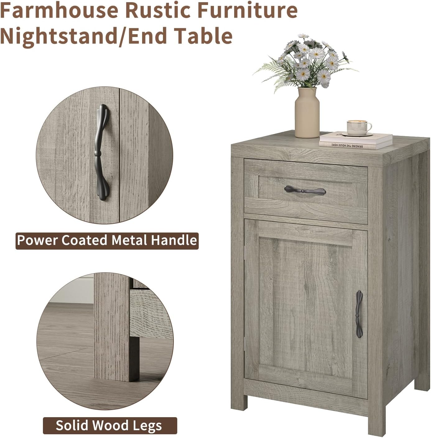 Farmhouse Nightstand Set of 2 with Drawer, 30" End Table with Storage Cabinet and Adjustable Shelf, Tall Bedside Table Rustic Wood Sofa Side Table for Living Room, Bedroom, Grey