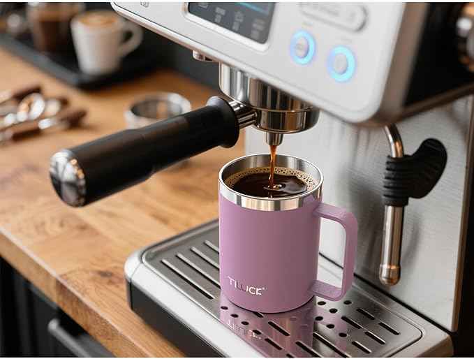 TILUCK 12 oz Insulated Coffee Mug with Lid, Double Wall Vacuum Insulated Travel Mug Cup with Handle for Hot or Cold Drinks（12oz，Matte Lilac）