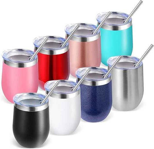 Volhoply 12oz Stainless Steel Wine Tumbler with Lid Bulk 8 Pack,Double Wall Vacuum Stemless Wine Glasses,Reusable Metal Travel Coffe Mug with Straw,Insulated Cups Gifts for Women,Christmas（Mix,8 Set）